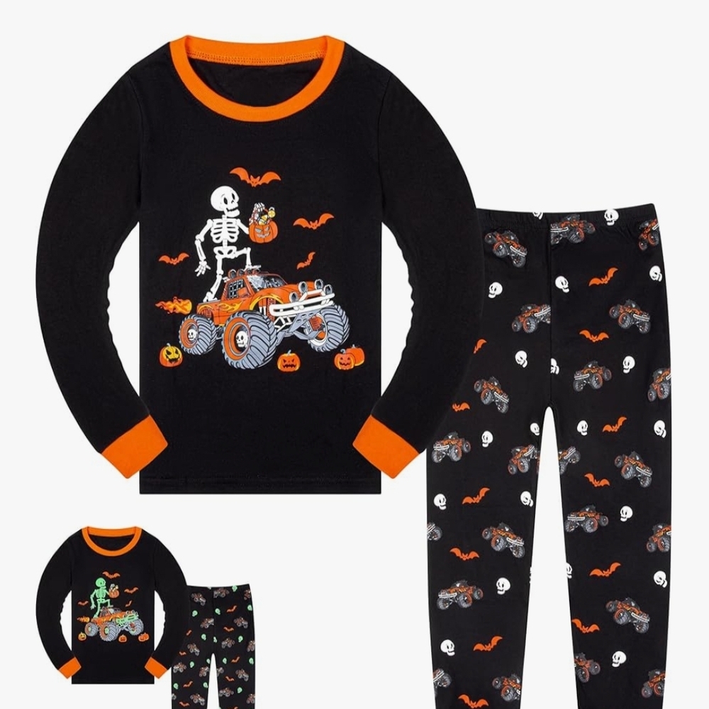🌟3 For $12 🌟 Kids Halloween Skeleton Monster Truck Pajama Set - Black & Orange